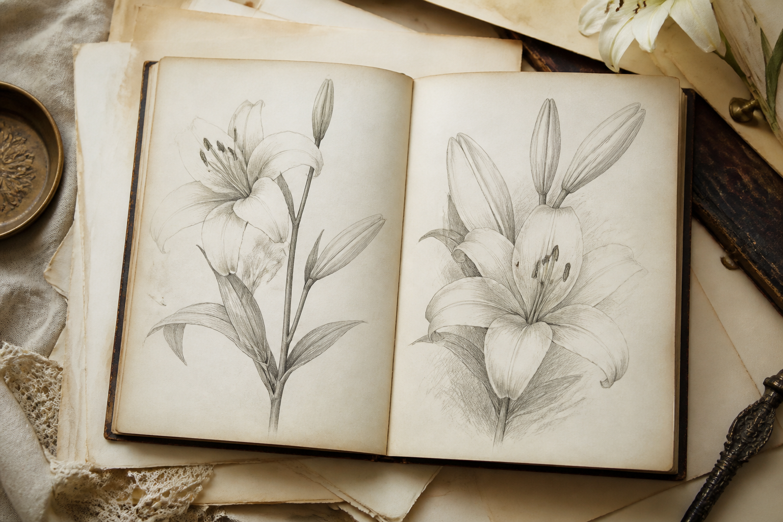 Open sketchbook with lily studies