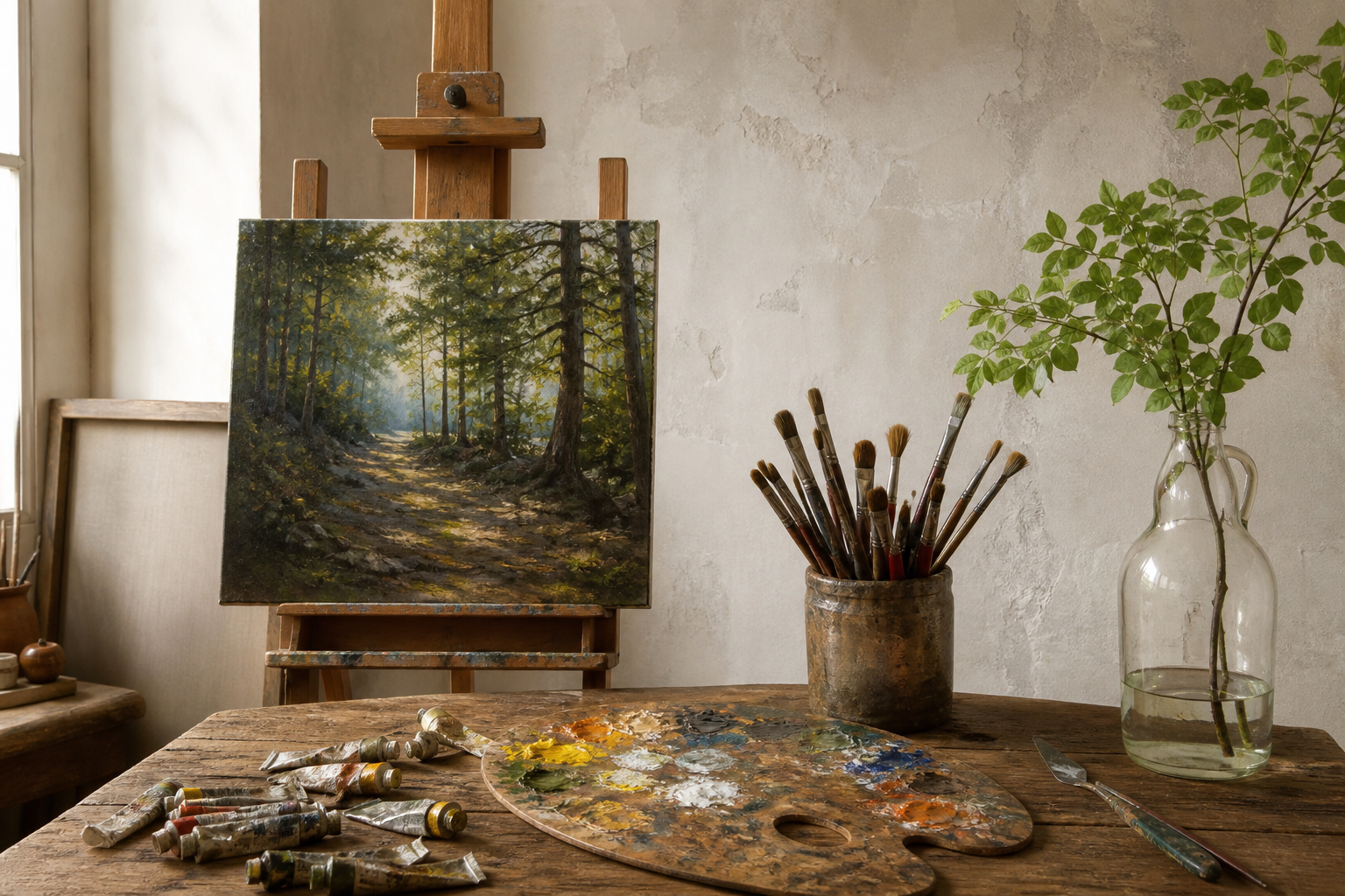 An artist’s studio with easel, palette, and brushes