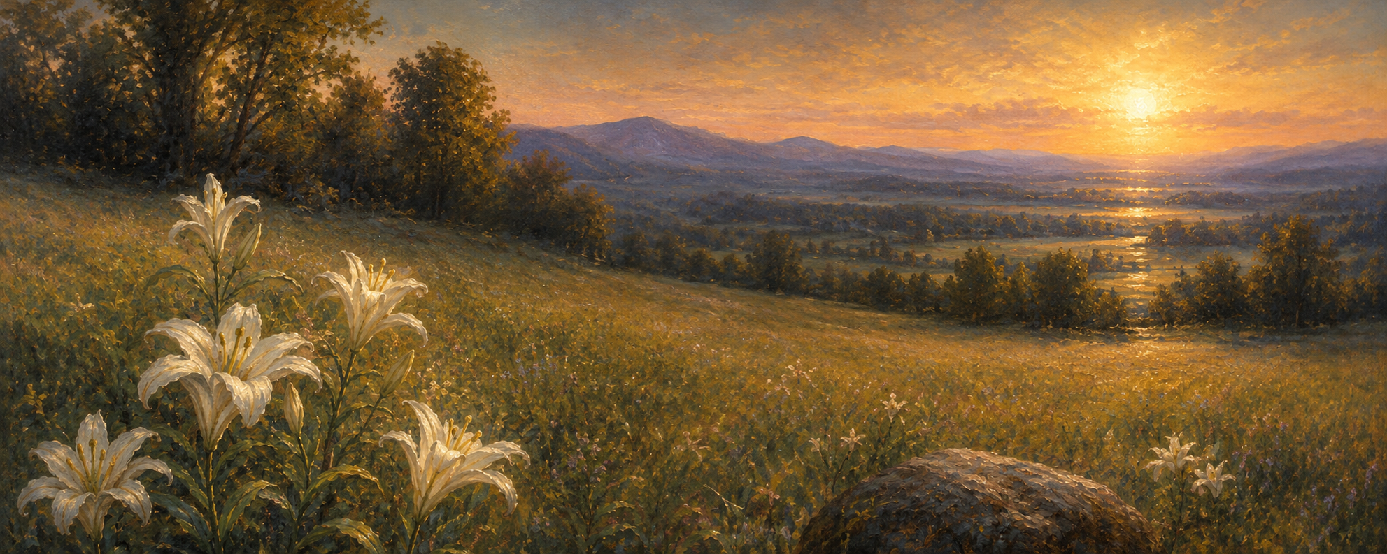 A field of white lilies beneath a golden sky