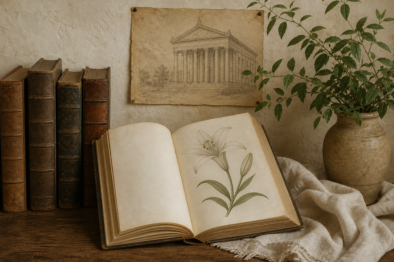Beloved books, a botanical page, and a vase of leaves