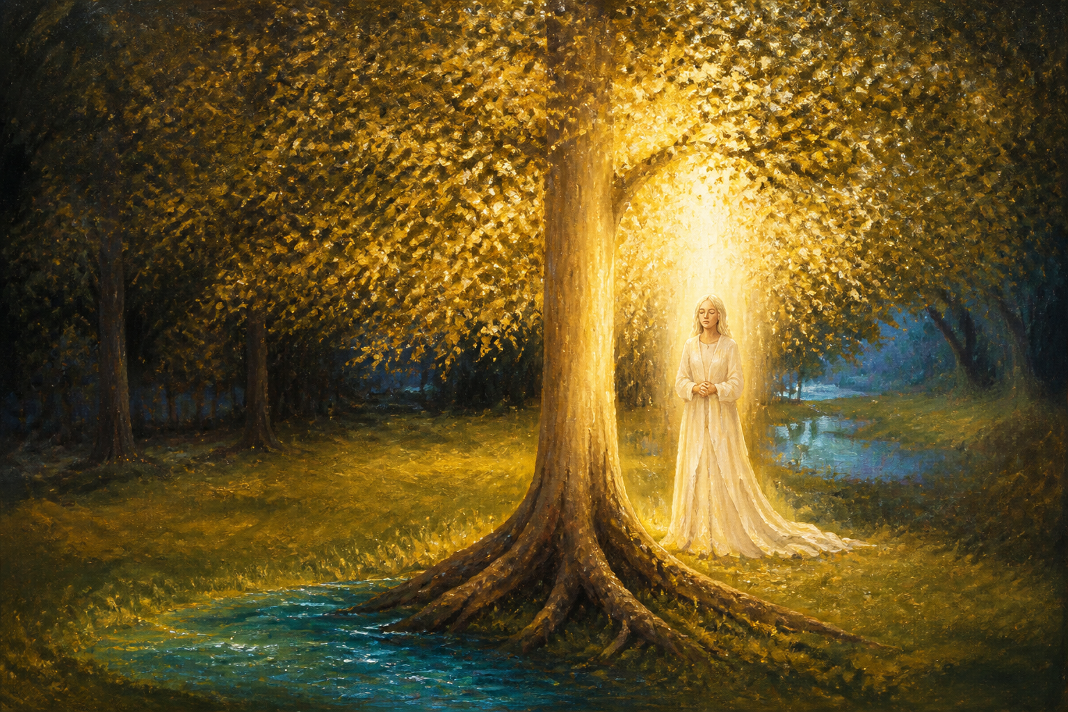 Painting of a figure beneath a radiant Tree of Life